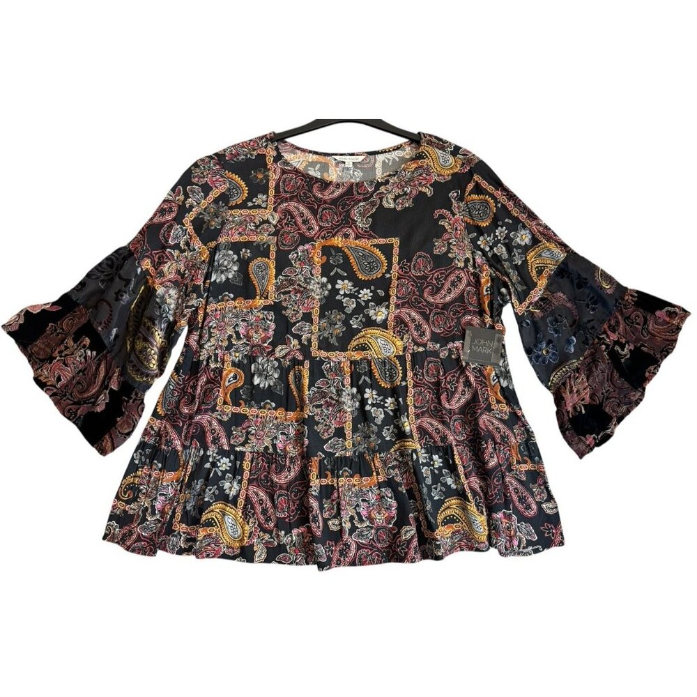 John Mark Size 1X Paisley Print Tiered Blouse 3/4 Bell Sleeve Sleeve Top NWT 119